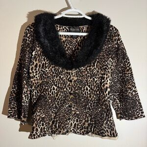 Style & Co Leopard Print Fur Neck 3/4 Sleeve Blouse Button up Shirt
